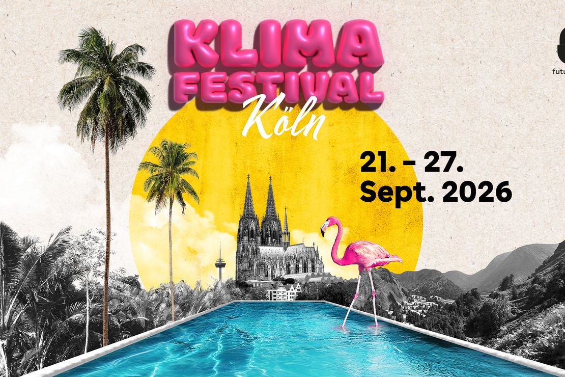 Grafische Illustration mit dem Schriftzug „Klimafestival Köln“. Zu sehen sind ein türkisfarbener Pool, Palmen, ein rosa Flamingo und der Kölner Dom vor einer stilisierten Landschaft mit gelber Sonne.