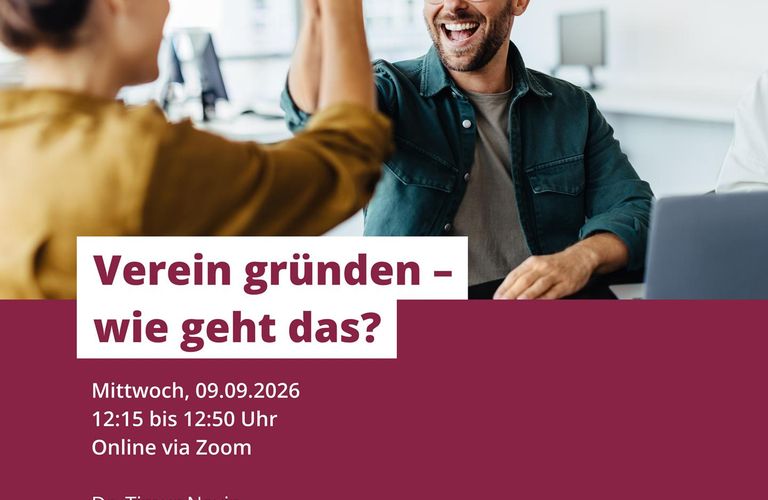 Webinar "Verein gründen – wie geht das?" am 09.09.2026 um 12:15 Uhr. Online und kostenfrei.