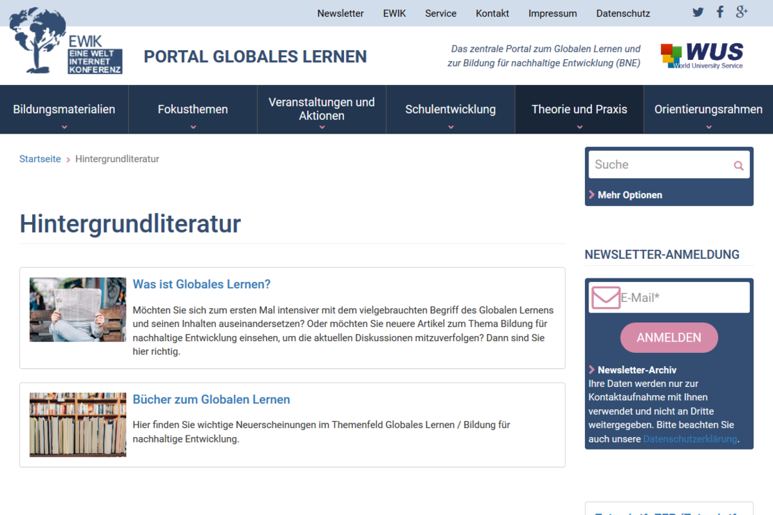 Hintergrundliteratur auf dem Portal Globales Lernen Screenschot der Hintergrundliteratur auf dem Portal Globales Lernen
