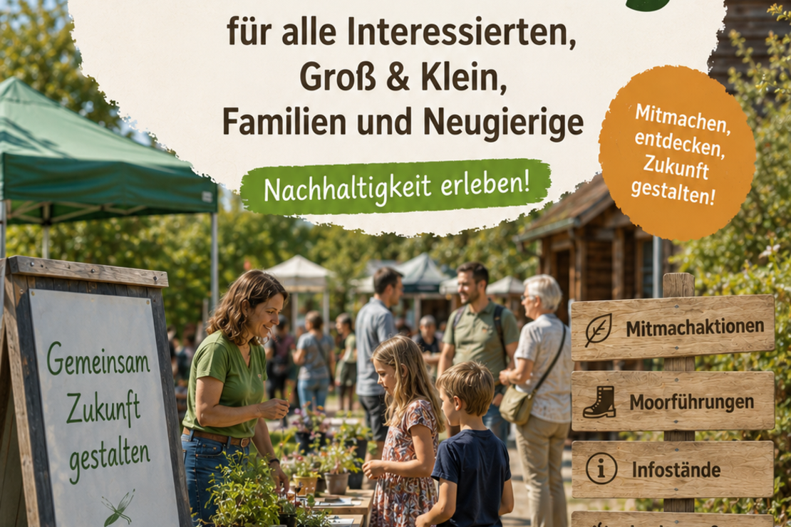 Menschen an Infostände und Plakat "Gemeisam Zukunft gestalten"