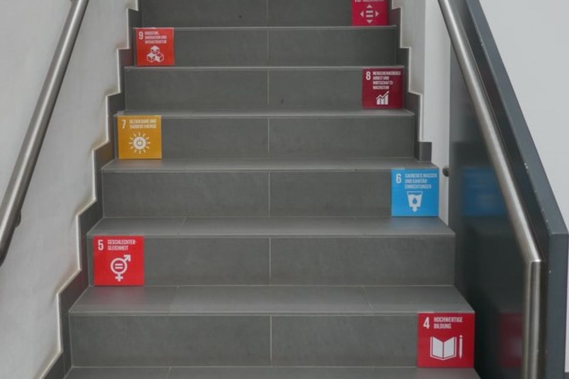 Eine Treppe mit den 17 Zielen Bildern