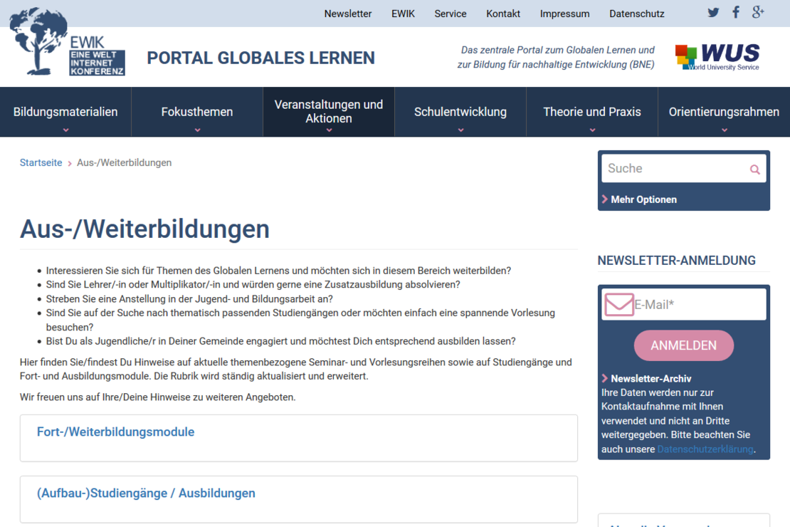 Weiterbildungen auf dem Portal Globales Lernen Sreenshot der Weiterbildungen auf dem Portal Globales Lernen