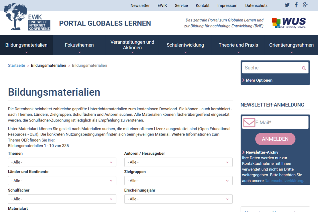 Datenbank des Portals Globales Lernen Screenshot der Datenbank des Portals Globales Lernen