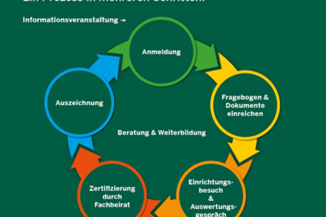 Das Prozessdiagramm stellt die Prozessschritte von der Anmeldung bis zur Auszeichnung einer Einrichtung im Kontext der BNE-Zertifizierung NRW dar.
