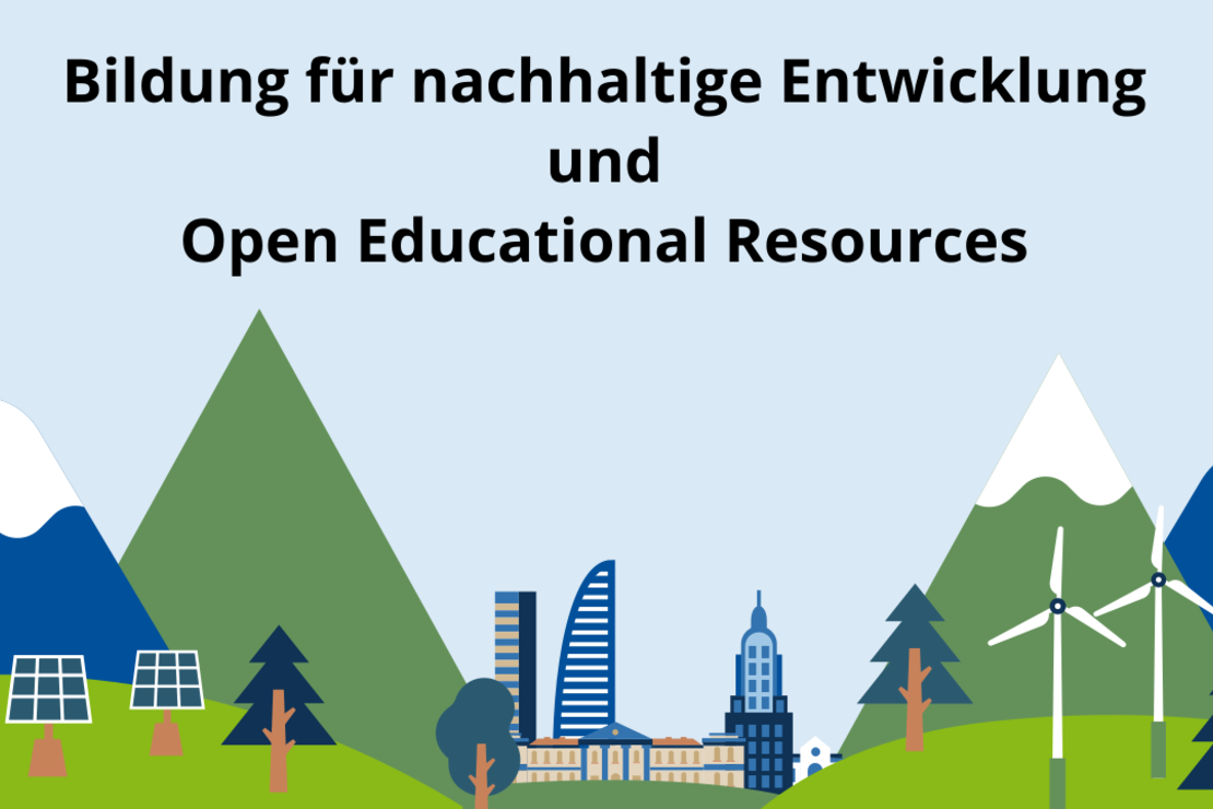 Titelbild zur Veranstaltung: Eine digital erstellte Illustration einer Landschaft mit Bergen, Bäumen, Windrädern, Solaranalgen und einer Stadt im Zentrum.