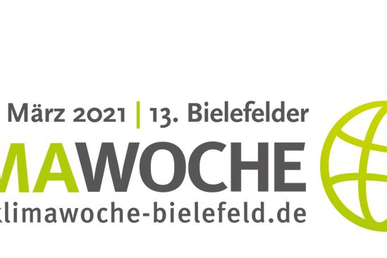 Logo Klimawoche Bielefeld e.V. mit Weltkugel aus der ein Blatt wächst