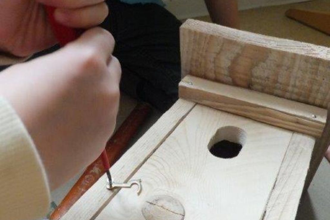 Vogelkasten aus Holz wird zusammengebaut