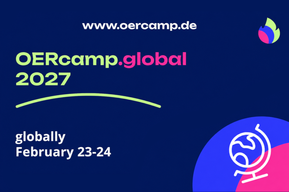 Sharepic zum OERcamp.global 2027: „OERcamp.global 2027 – globally, February 23–24“. Dunkelblauer Hintergrund mit stilisiertem Globus-Symbol und der Website www.oercamp.de