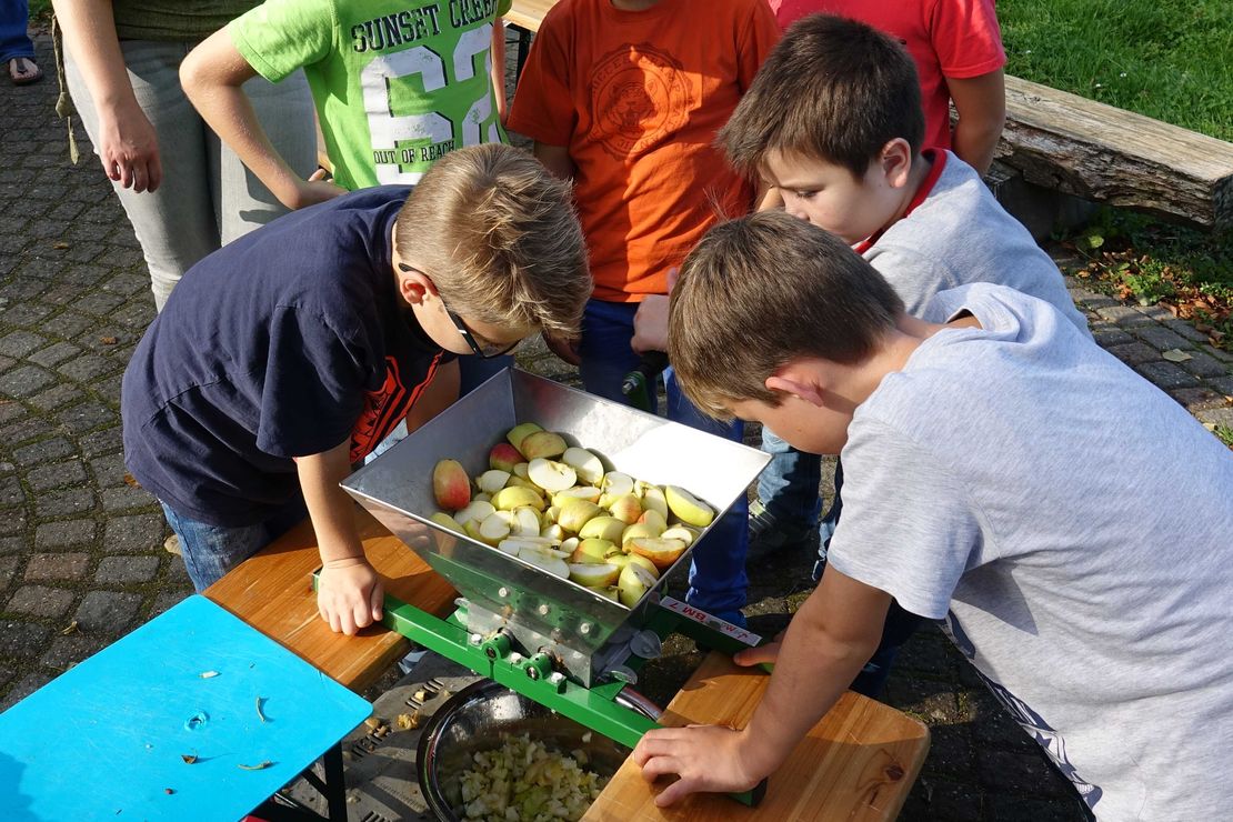 Kinder machen Apfelsaft