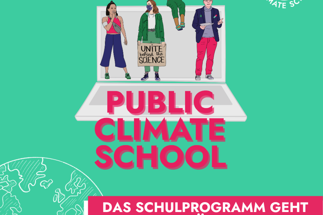 Logo Public Climate School mit Weltkugel auf grünem Hintergrund