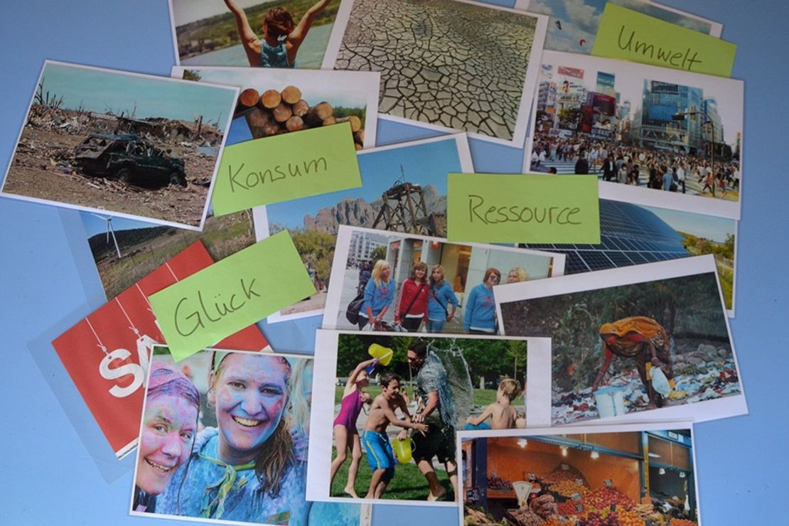 Verschiedene Bilder zu den Themen Glück, Konsum, Ressource und Umwelt