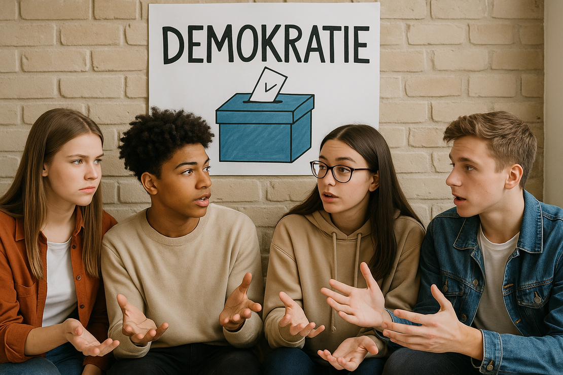 Vier Jugendliche unterhalten sich und gestikulieren mit den Händen vor einer Wand. An der Wand hängt ein Plakat mit der Aufschrift DEMOKRATIE und der Zeichnung einer blauen Wahlurne.