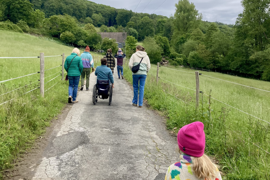 Mehrere Personen - ein Rollstuhl, Natur und viel Grün drumherum