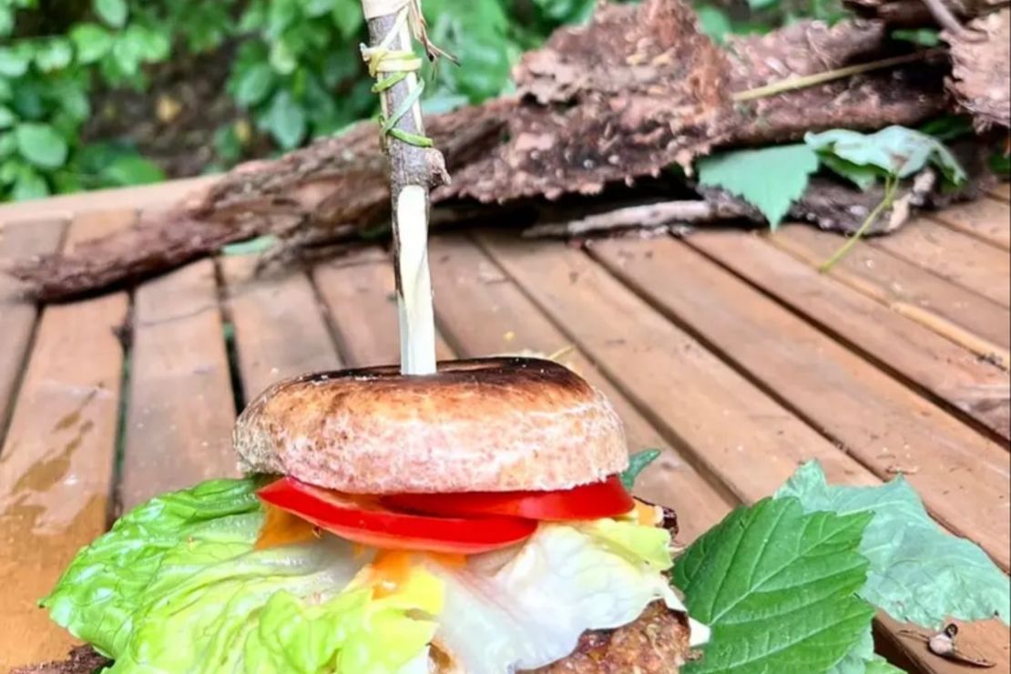 Burger selbst gemacht, Vegetarisch, in der Natur mit Rindenteller