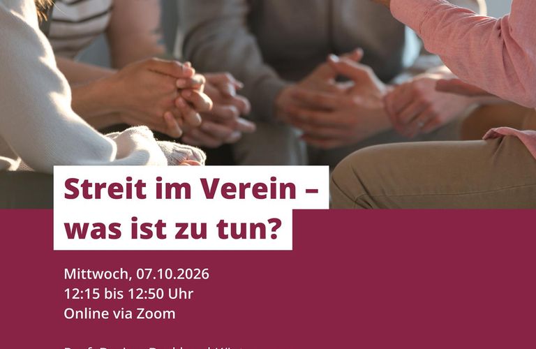 Webinar "Streit im Verein – was ist zu tun?" am 07.10.2026 um 12:15 Uhr. Online und kostenfrei.