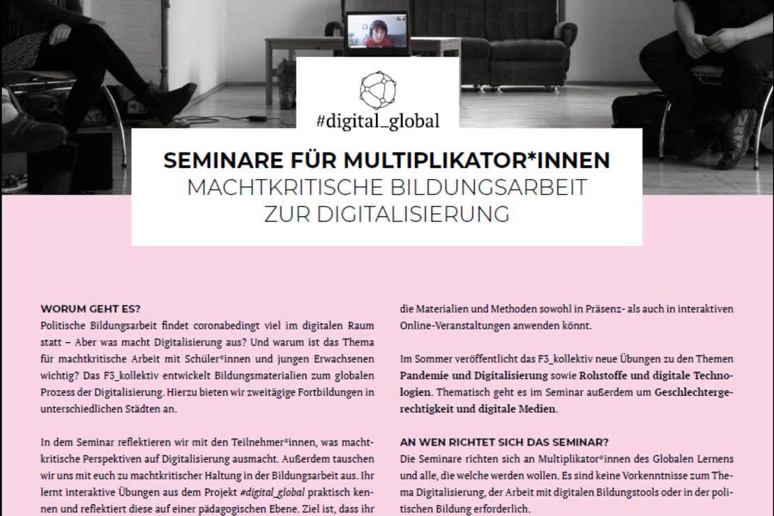 Flyer mit Menschen im Stuhlkreis, Logo und Text Worum geht es?