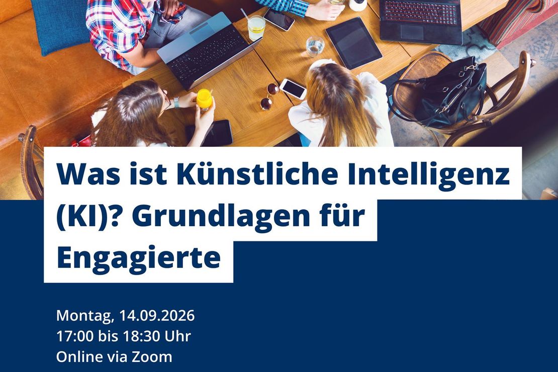Online-Workshop "Was ist Künstliche Intelligenz (KI)? Grundlagen für Engagierte" am 14.09.2026 um 17:00 Uhr. Online und kostenfrei.