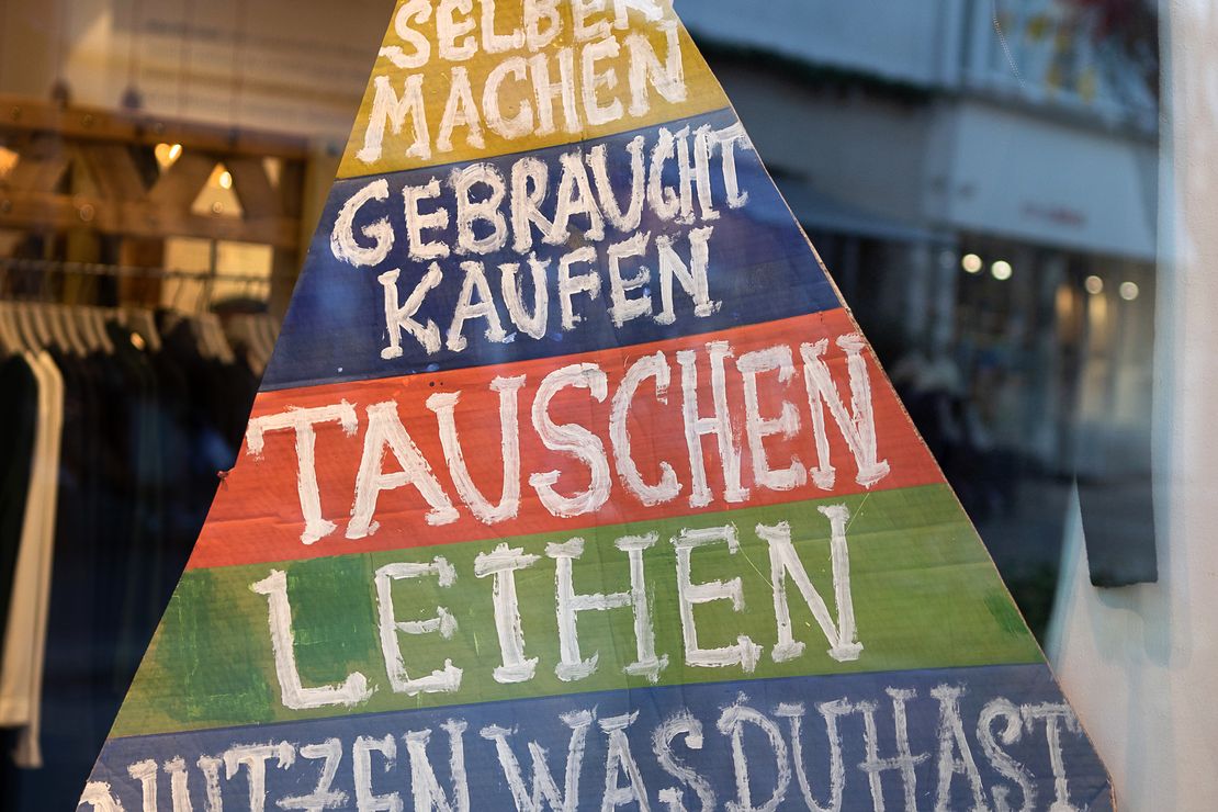 Pyramide nachhaltiger Konsum von oben nach unten: fair kaufen - selber machen - gebraucht kaufen - tauschen - leihen - nutzen was du hast
