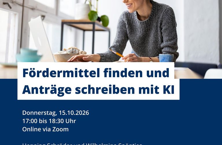 Online-Workshop "Fördermittel finden und Anträge schreiben mit KI" am 15.10.2026 um 17:00 Uhr. Online und kostenfrei.