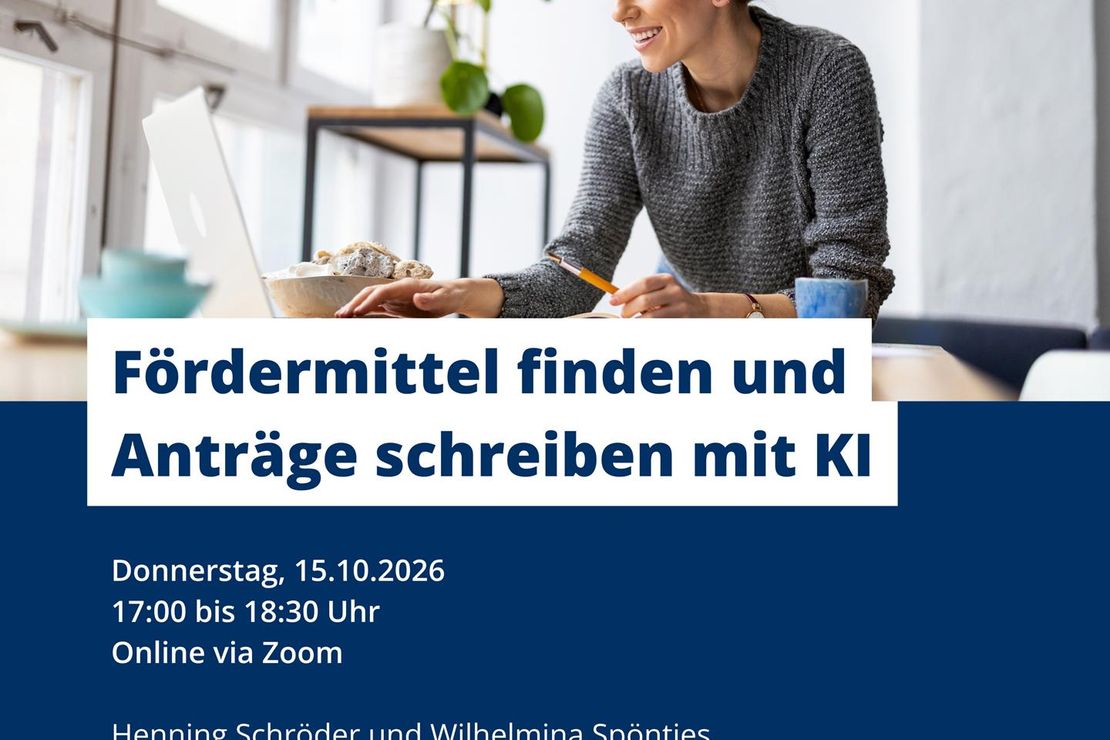 Online-Workshop "Fördermittel finden und Anträge schreiben mit KI" am 15.10.2026 um 17:00 Uhr. Online und kostenfrei.