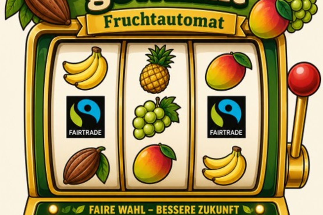 Vektorbild eines "Einarmigen-Banditen" mit dem Titel "Fair gewinnt". Als Spieloberfläche sind Früchte und das Faire Trade Siegel zu sehen.