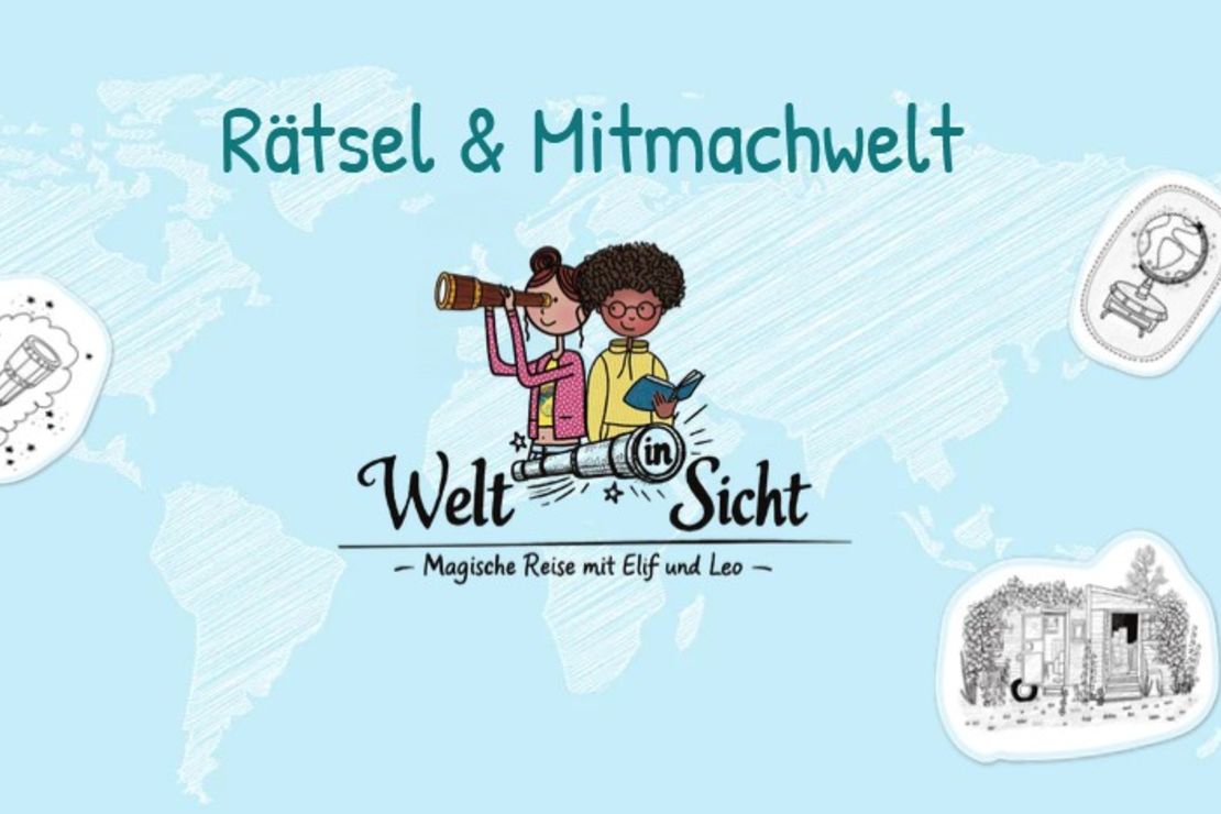 Elif und Leo mit Bauwagen, Fernrohr und Globus