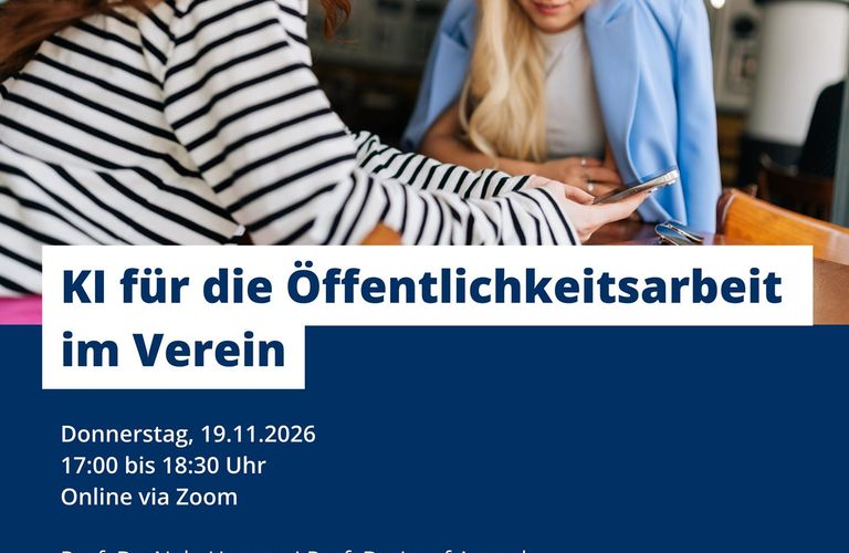 Online-Workshop "KI im Ehrenamt: KI für die Öffentlichkeitsarbeit im Verein" am 19.11.2026 um 17:00 Uhr. Online und kostenfrei.