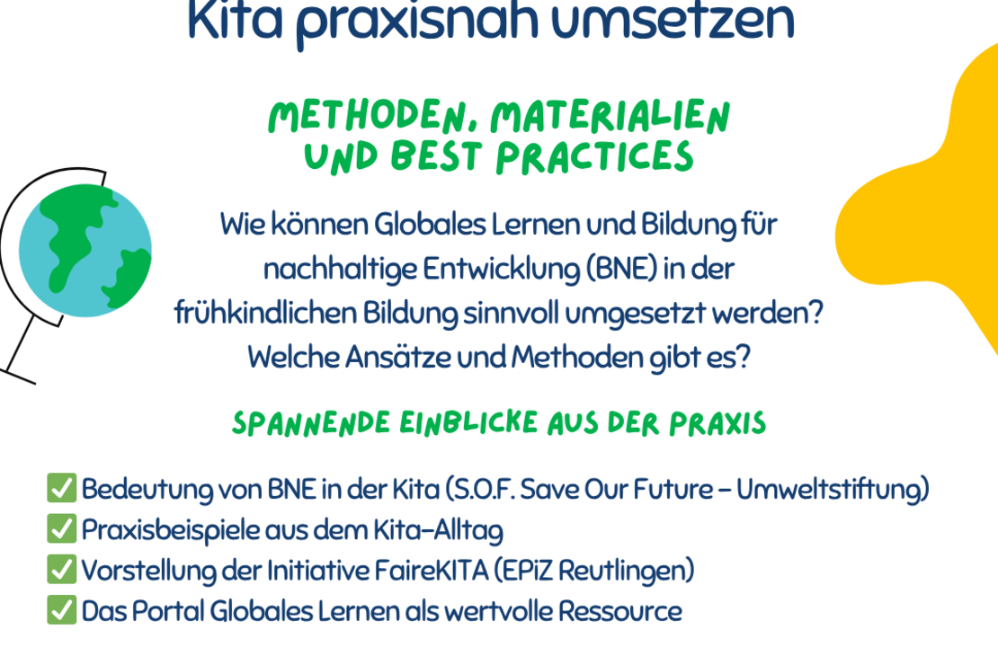 Poster mit dem Titel „Globales Lernen und BNE in der Kita praxisnah umsetzen“. Es informiert über Methoden, Materialien und Praxisbeispiele, nennt Inhalte, Datum (15. Juni 2026), Uhrzeit (16–17:30 Uhr