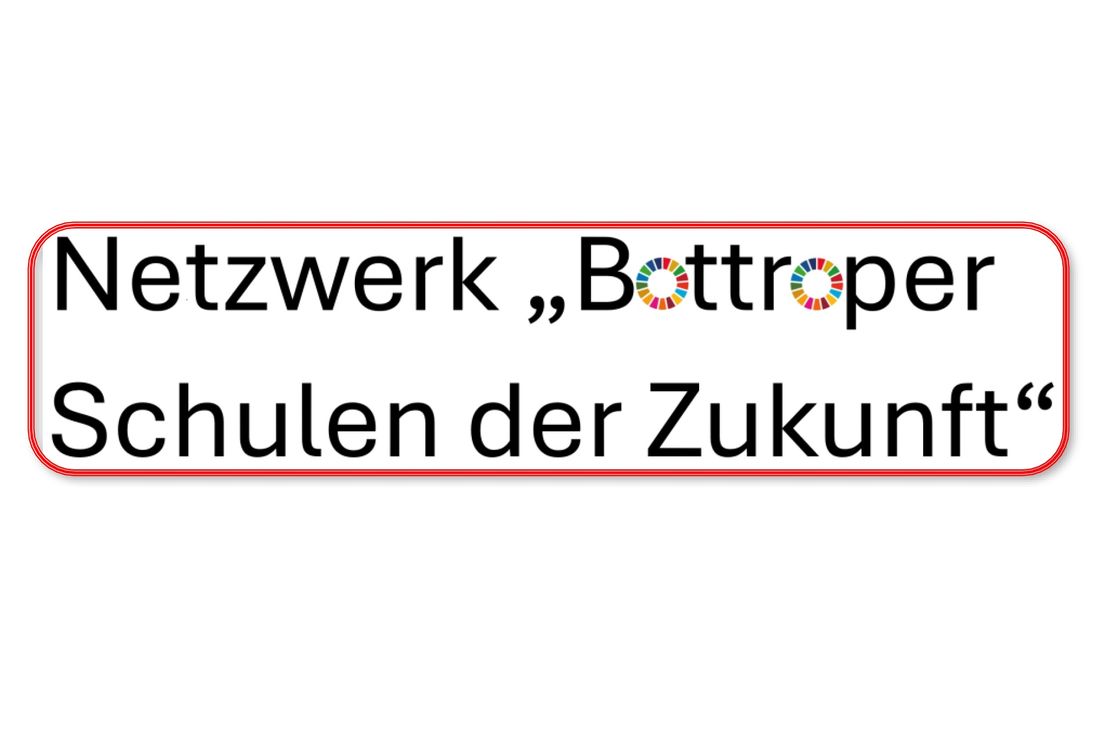Schriftzug Netzwerk "Bottroper Schulen der Zukunft" ist farbig eingefasst entlang der Farben der 17 SDGs