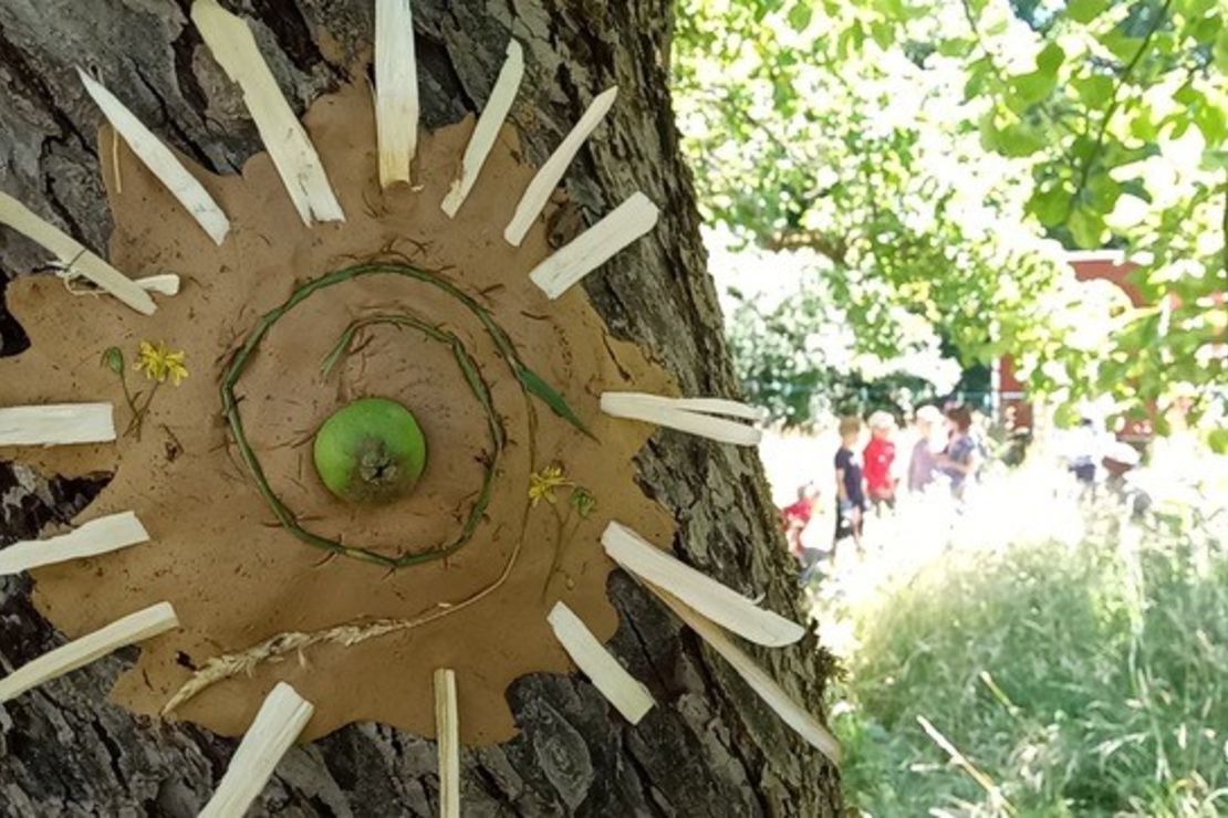 Blume aus Naturmaterialien auf einem alten Apfelbaumstamm