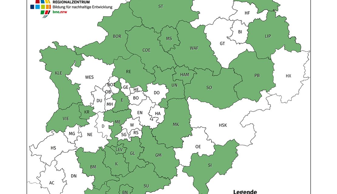 Karte von NRW, die anzeigt, in welchen Kreisen es bereits ein BNE-Regionalzentrum gibt