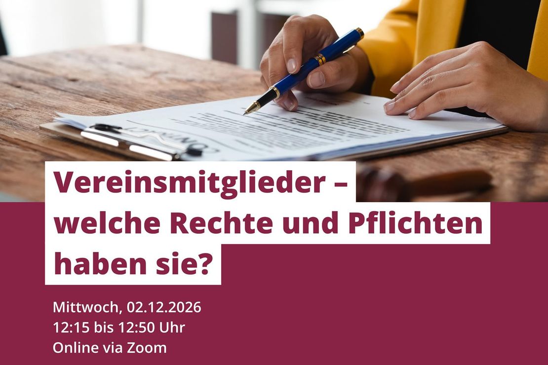 Webinar "Vereinsmitglieder – welche Rechte und Pflichten haben sie?" am 02.12.2026 um 12:15 Uhr. Online und kostenfrei.