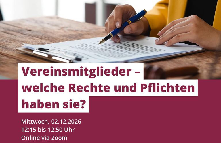 Webinar "Vereinsmitglieder – welche Rechte und Pflichten haben sie?" am 02.12.2026 um 12:15 Uhr. Online und kostenfrei.