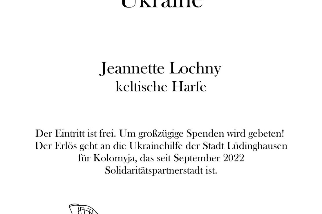 Einladung zu einem Konzert mit der keltischen Harfe und einem Spendenaufruf zur Unterstützung der Ukraine