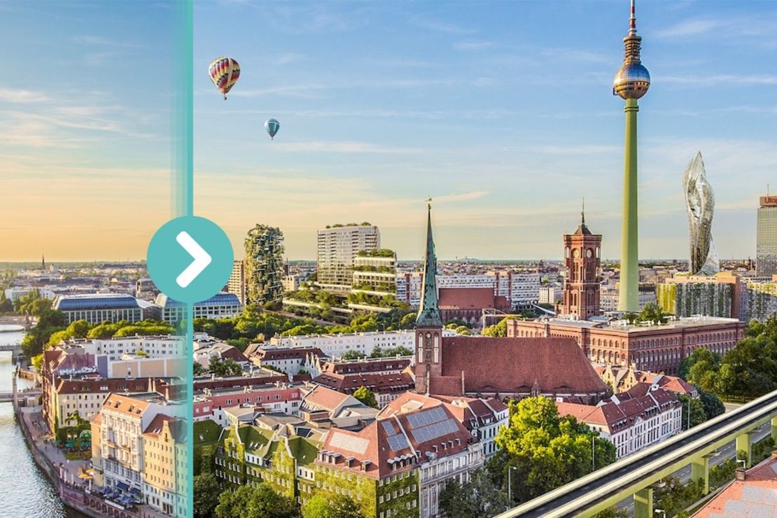 Das Bild ist zweigeteilt und zeigt auf der linken Seite Berlin, wie es derzeit aussieht und auf der rechten Seite, wie es klimagerecht aussehen könnte.
