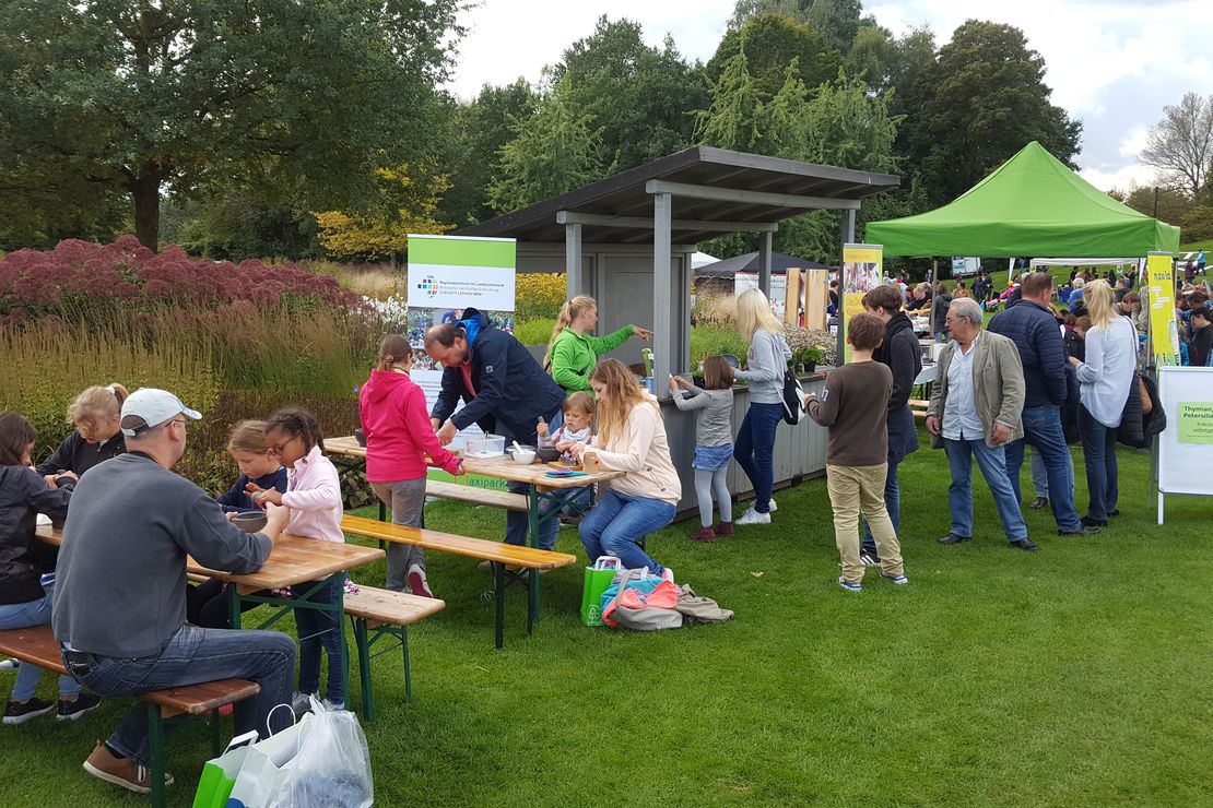Menschen stehen an einem Aktionsstand und stellen Kräutersalz her