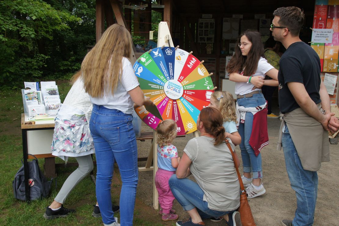 Familien drehen an dem 17-Ziele Glücksrad