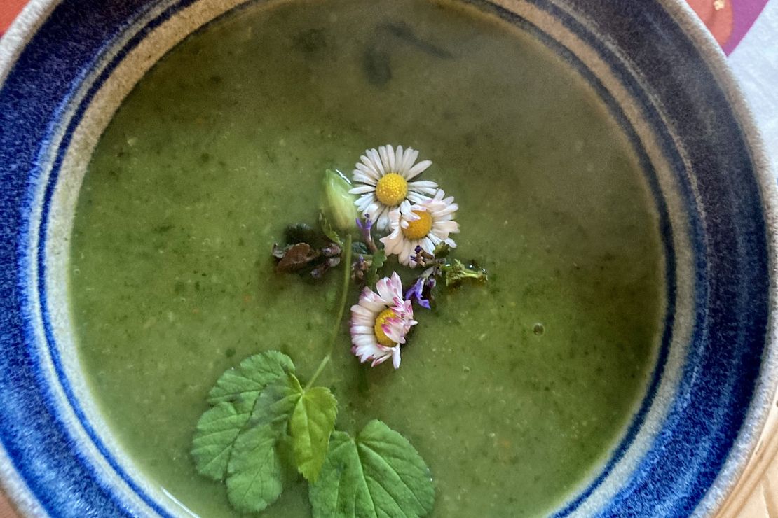 Ein grüne Suppe mit Wildkräutern.