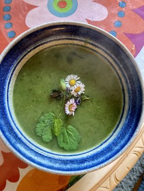 Ein grüne Suppe mit Wildkräutern.