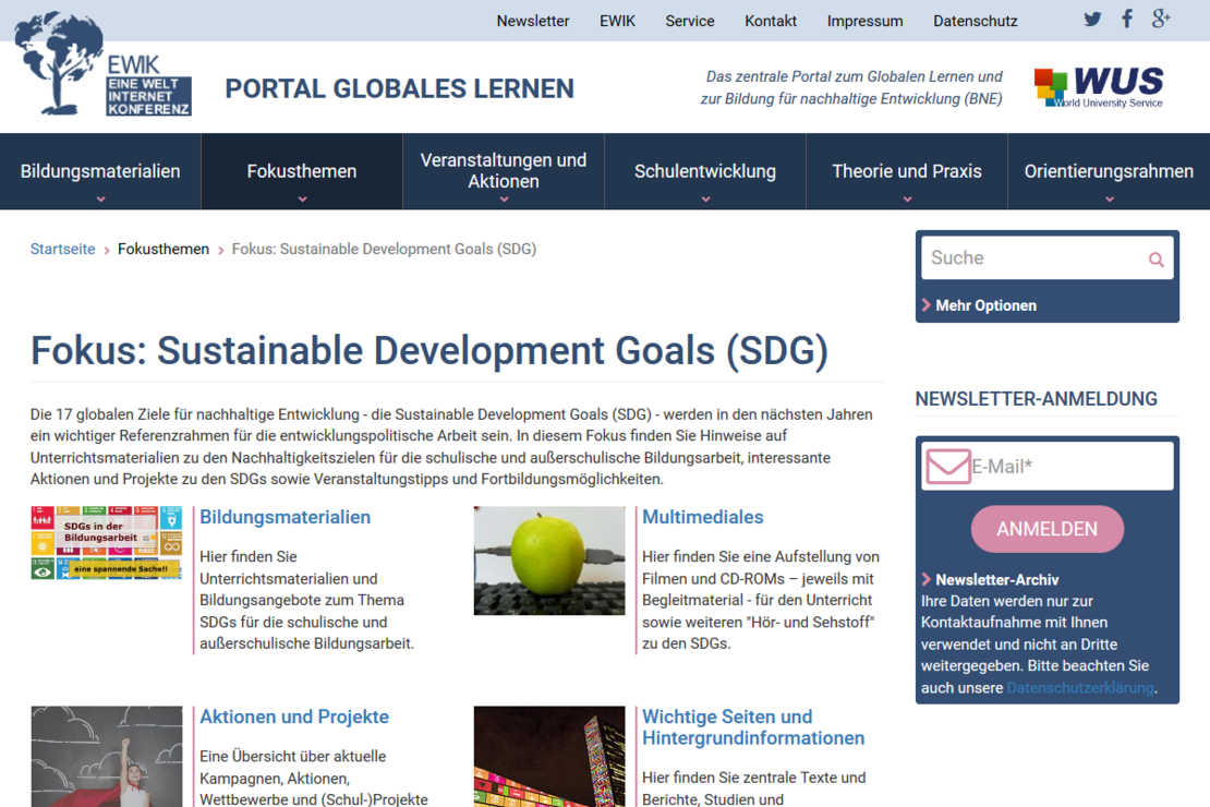 Fokusthema SDGs auf dem Portal Globales Lernen Screeenshot des Fokusthemas SDGs auf dem Portal Globales Lernen