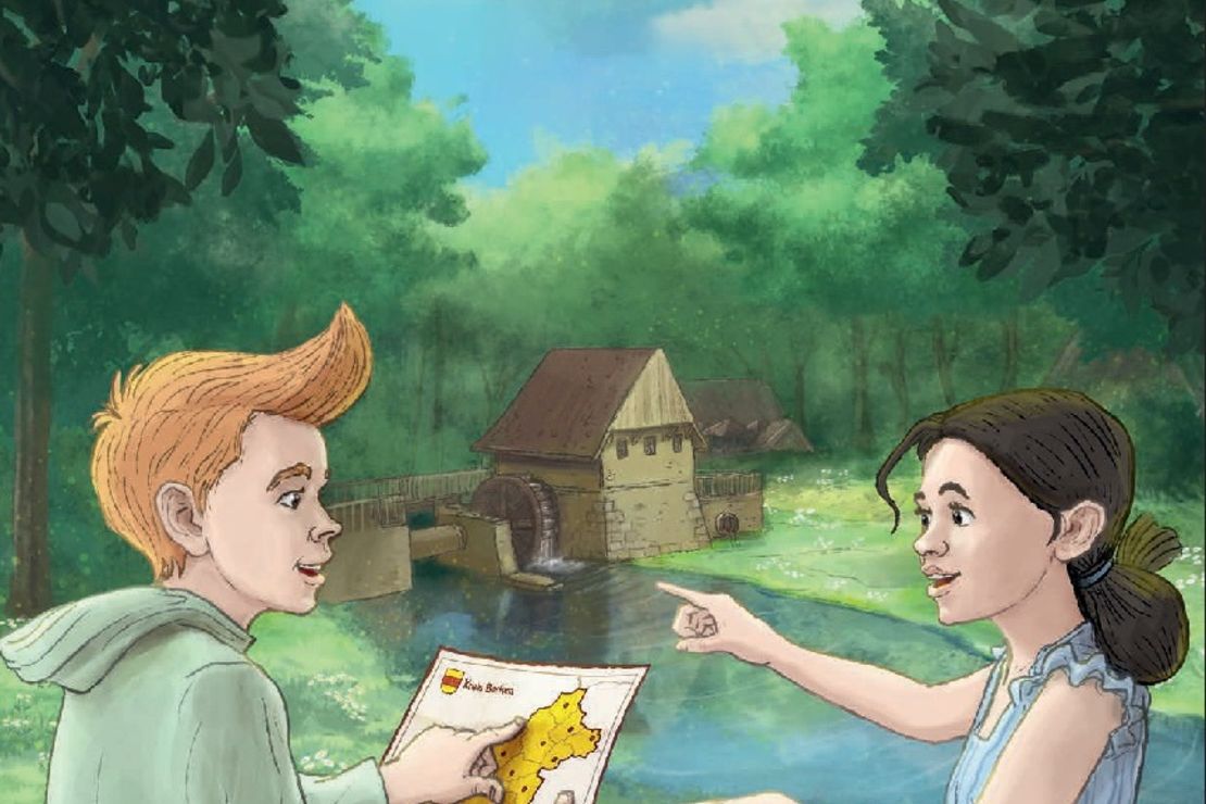 Zwei Kinder betrachten eine Karte vom Kreis Borken, im Hintergrund sehen sie eine alte Wassermühle