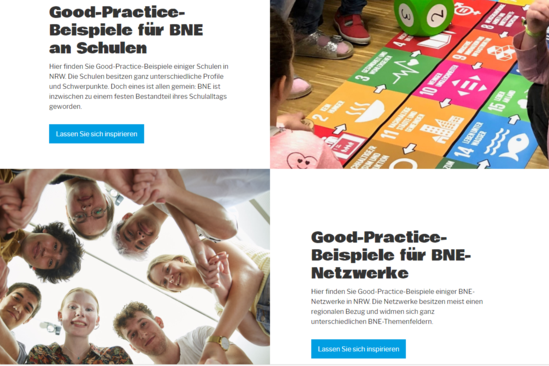 Der Screenshot der Übersichtsseite der Webseite https://www.sdz.nrw.de/mitmachen/ideen/ zeigt jeweils einen kurzen Text und ein Bild zu "Schulen" bzw. "Netzwerken der Zukunft"