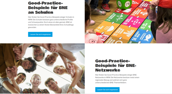 Der Screenshot der Übersichtsseite der Webseite https://www.sdz.nrw.de/mitmachen/ideen/ zeigt jeweils einen kurzen Text und ein Bild zu "Schulen" bzw. "Netzwerken der Zukunft"