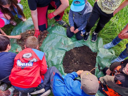 Eine Gruppe Kinder beugt sich ganz interessiert über zwei verschiedene Haufen Kompost, der linke Haufen ist ganz frischer Kompost, rechts ist gesiebter Kompost. p