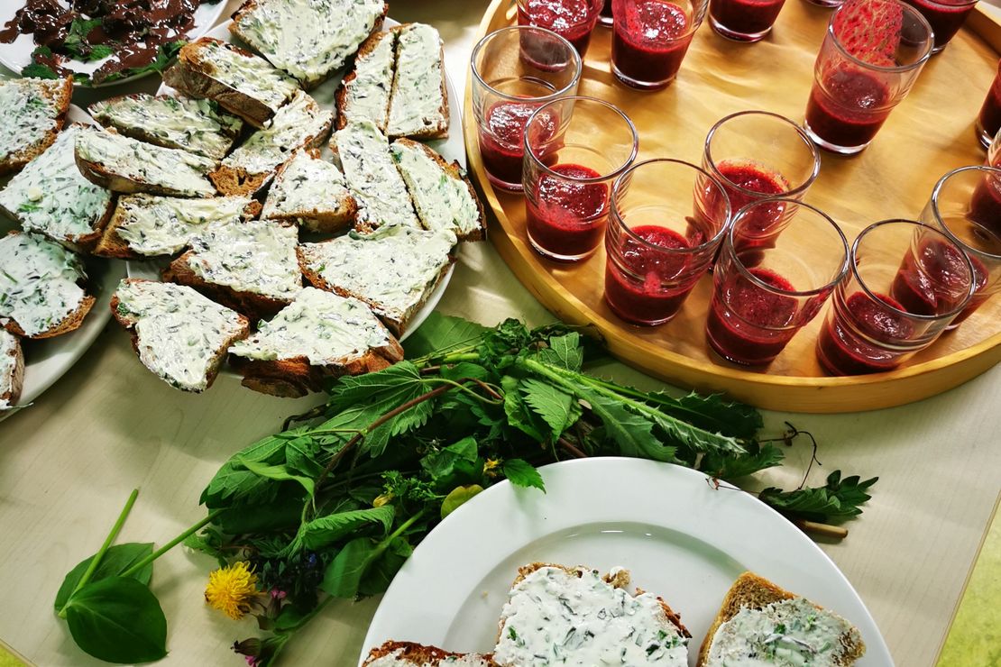 Zubereitete Speisen mit Kräutern: Brote mit Quark & Kräuterbutter, Smoothie